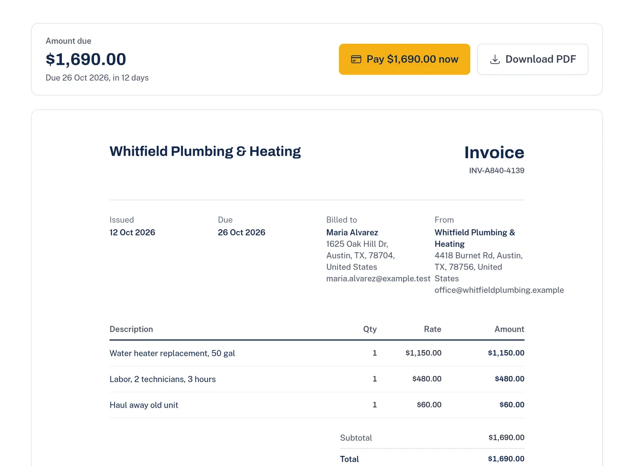 What the customer sees: the amount due, a Pay now button, and the invoice with its line items