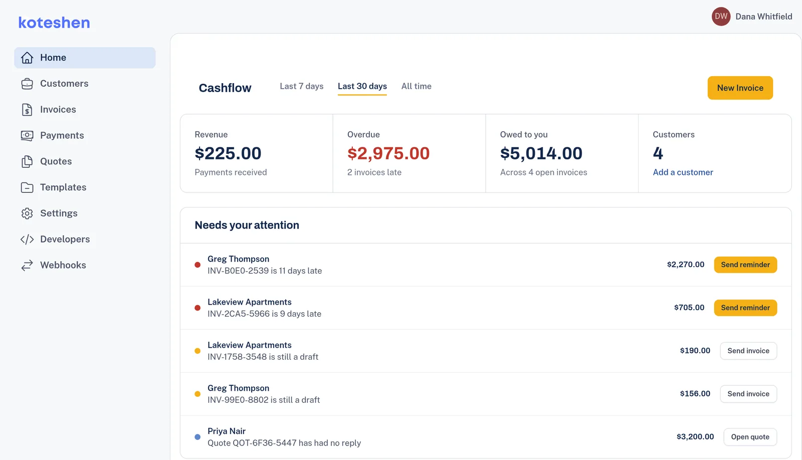 The Koteshen home screen: $5,014 owed, $2,975 of it overdue, and a list of late invoices with Send reminder buttons