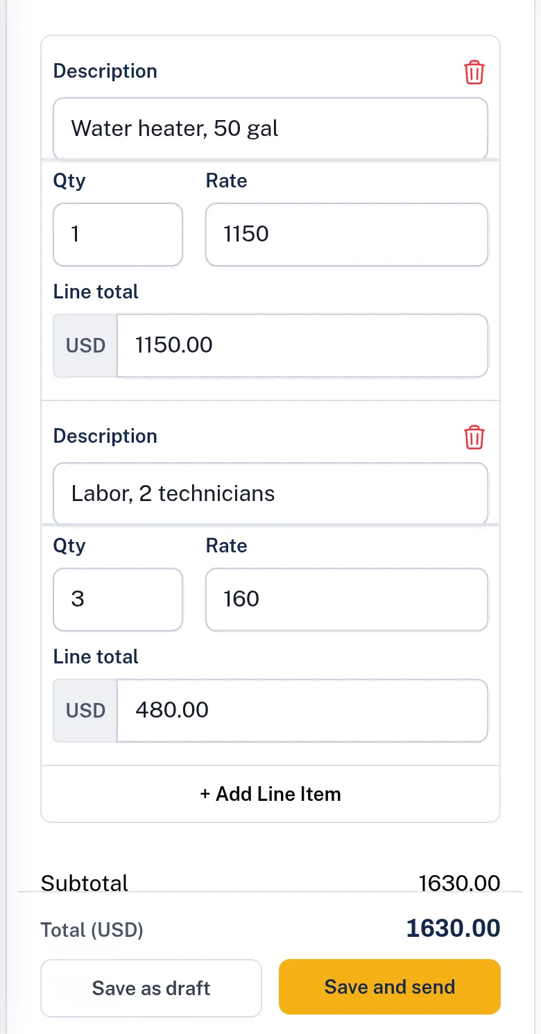 The invoice form on a phone: two line items as cards, with the total and Save and send buttons pinned to the bottom
