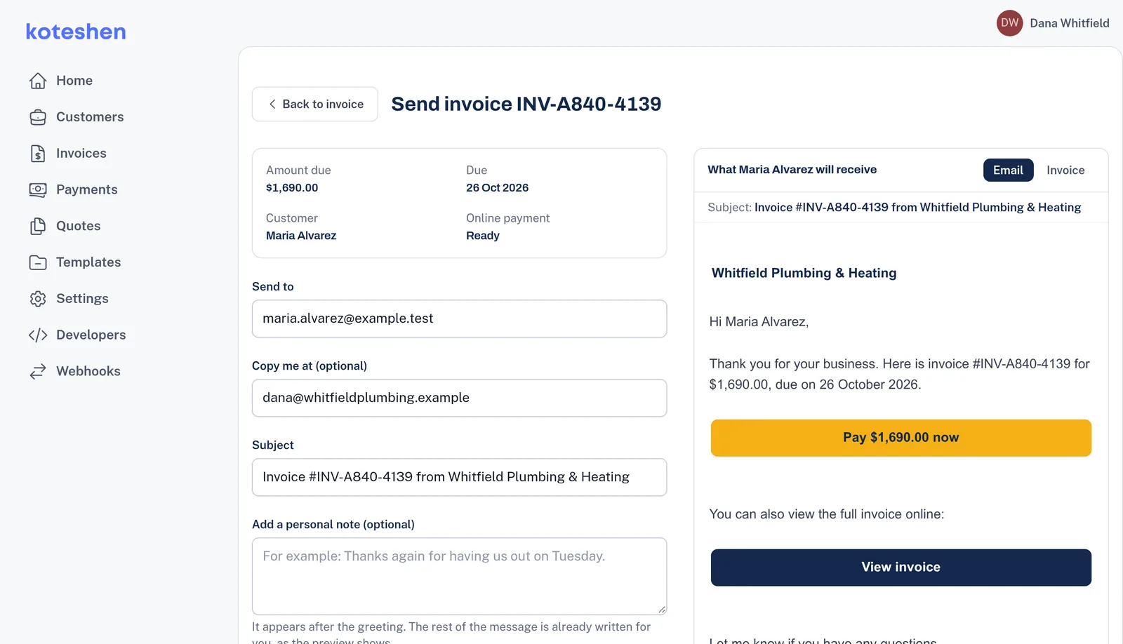The send screen, with the invoice email as the customer will see it, including a Pay now button