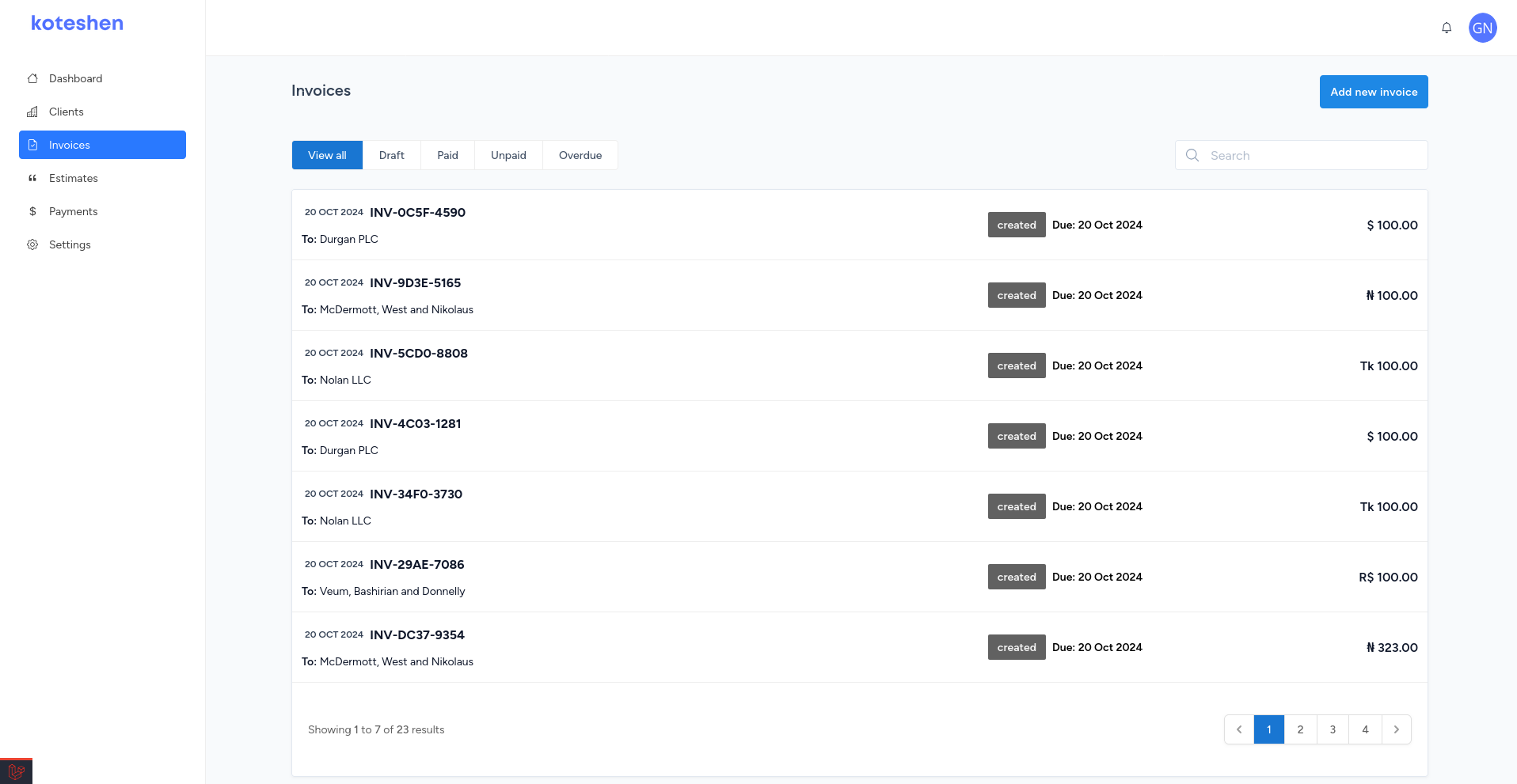 Koteshen invoices page screenshot